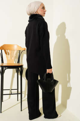 Yaka Kürklü Fermuarlı Triko İkili Takım Siyah - Thumbnail