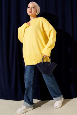 Düşük Omuz Salaş Triko Tunik Sarı - Thumbnail