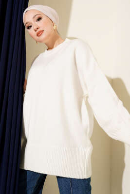 Düşük Omuz Salaş Triko Tunik Ekru - Thumbnail