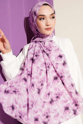 Çiçek Desenli Rami Şal Lila - Thumbnail