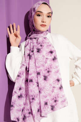 Çiçek Desenli Rami Şal Lila - Thumbnail