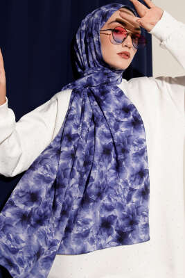 Çiçek Desenli Rami Şal Lacivert - Thumbnail