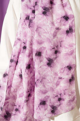 Çiçek Desenli Rami Şal Lila - Thumbnail