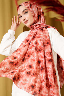 Pazarium - Çiçek Desenli Rami Şal Kiremit
