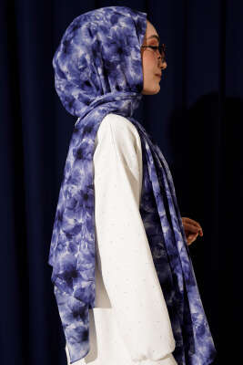 Çiçek Desenli Rami Şal Lacivert - Thumbnail