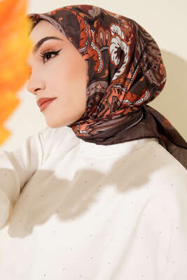 Pazarium - Retro Motifli Modal Eşarp Acı Kahve