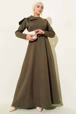 Pazarium - Yaka Parça Detaylı Abiye Elbise Haki