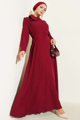 Pazarium - Yaka Parça Detaylı Abiye Elbise Bordo