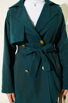 Tek Omuz Apoletli Düğmeli Trençkot Zümrüt - Thumbnail