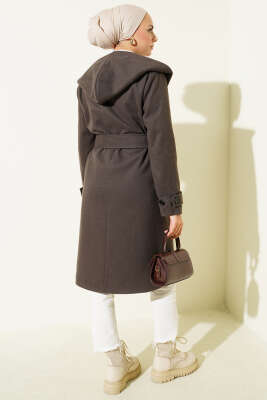 Kapüşonlu Düğmeli Kaşe Kaban Acı Kahve - Thumbnail