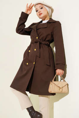 Pazarium - Tek Omuz Apoletli Kruvaze Trençkot Kahve