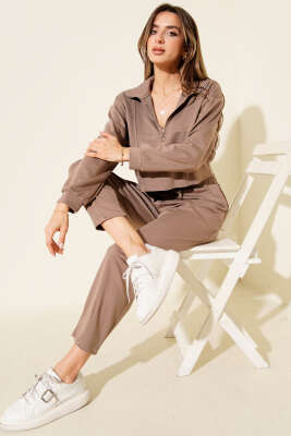 Pazarium - Yarım Fermuarlı Crop İkili Takım Vizon