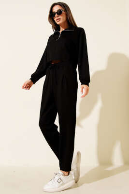 Yarım Fermuarlı Crop İkili Takım Siyah - Thumbnail