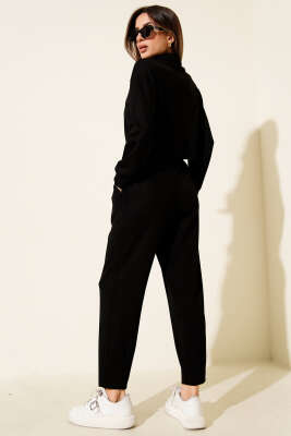 Yarım Fermuarlı Crop İkili Takım Siyah - Thumbnail