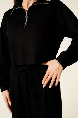 Yarım Fermuarlı Crop İkili Takım Siyah - Thumbnail