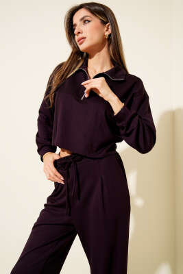 Yarım Fermuarlı Crop İkili Takım Mürdüm - Thumbnail