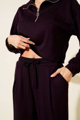 Yarım Fermuarlı Crop İkili Takım Mürdüm - Thumbnail