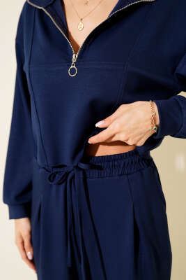 Yarım Fermuarlı Crop İkili Takım Lacivert - Thumbnail