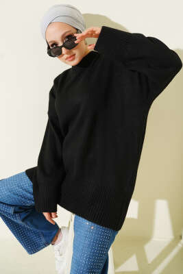 Pazarium - Düşük Omuz Salaş Triko Tunik Siyah