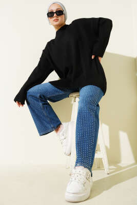 Düşük Omuz Salaş Triko Tunik Siyah - Thumbnail