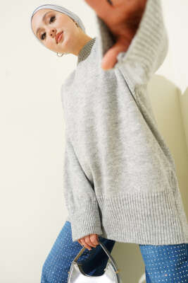 Düşük Omuz Salaş Triko Tunik Gri - Thumbnail