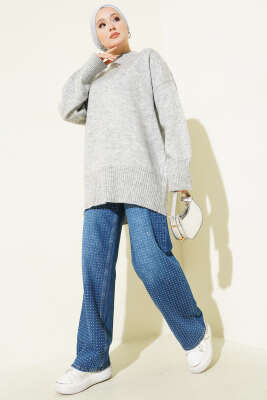 Düşük Omuz Salaş Triko Tunik Gri - Thumbnail