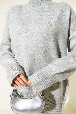 Düşük Omuz Salaş Triko Tunik Gri - Thumbnail