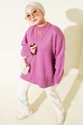 Düşük Omuz Salaş Triko Tunik Magenta - Thumbnail