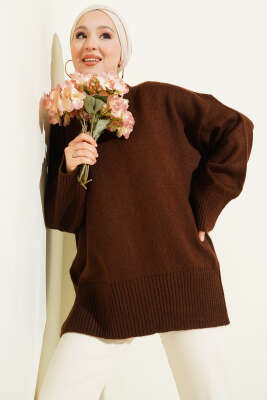 Pazarium - Düşük Omuz Salaş Triko Tunik Kahve