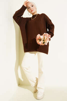 Düşük Omuz Salaş Triko Tunik Kahve - Thumbnail