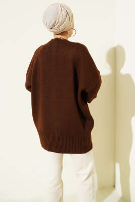 Düşük Omuz Salaş Triko Tunik Kahve - Thumbnail