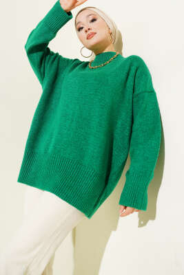 Düşük Omuz Salaş Triko Tunik Yeşil - Thumbnail