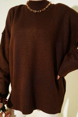 Düşük Omuz Salaş Triko Tunik Kahve - Thumbnail