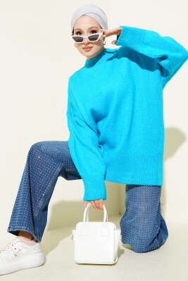 Pazarium - Düşük Omuz Salaş Triko Tunik Turkuaz