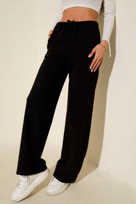 Bel Lastikli İki İplik Pantolon Siyah - Thumbnail