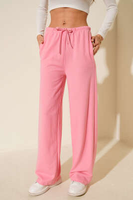 Bel Lastikli İki İplik Pantolon Pembe - Thumbnail
