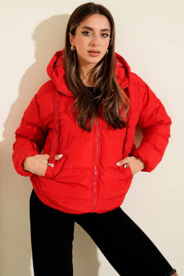 Kapüşonlu Fermuarlı Kısa Şişme Mont Kırmızı - Thumbnail