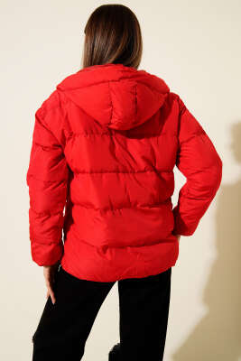 Kapüşonlu Fermuarlı Kısa Şişme Mont Kırmızı - Thumbnail