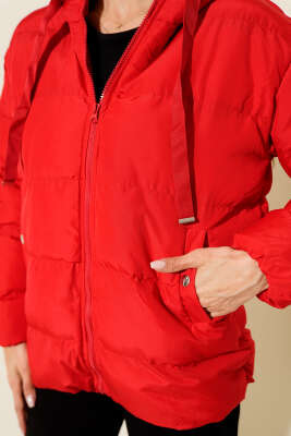 Kapüşonlu Fermuarlı Kısa Şişme Mont Kırmızı - Thumbnail