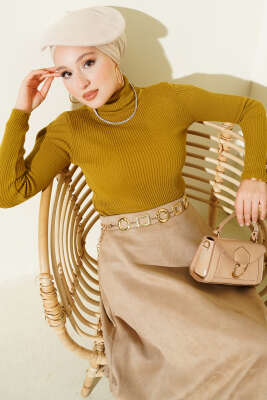 Pazarium - Boğazlı Fitilli Triko Kazak Yağ Yeşili