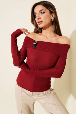 Madonna Yaka Kemer Detaylı Bluz Bordo - Thumbnail