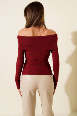 Madonna Yaka Kemer Detaylı Bluz Bordo - Thumbnail