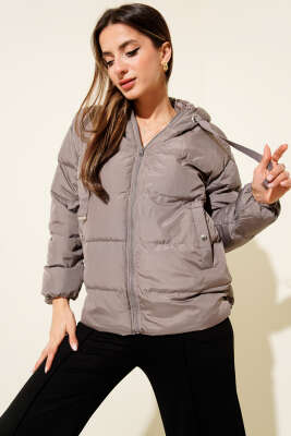 Kapüşonlu Fermuarlı Kısa Şişme Mont Füme - Thumbnail