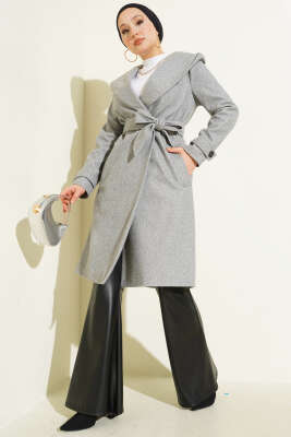 Pazarium - Kapüşonlu Düğmeli Kaşe Kaban Gri