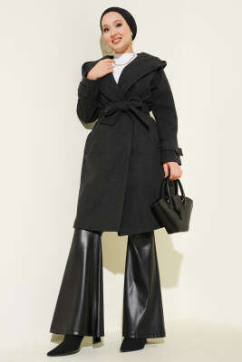 Kapüşonlu Düğmeli Kaşe Kaban Antrasit - Thumbnail