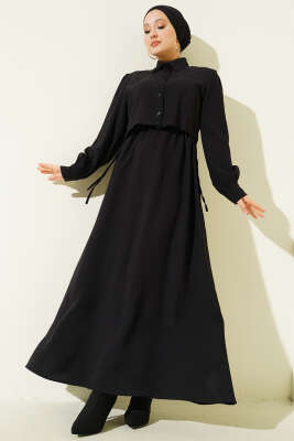 Pazarium - Düğmeli Bel Tünelli Tensel Jile Takım Siyah