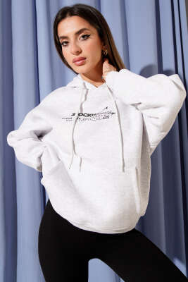 Kapüşonlu Stockholm Baskılı Sweatshirt Gri - Thumbnail