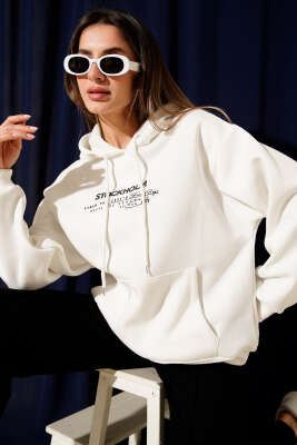 Pazarium - Kapüşonlu Stockholm Baskılı Sweatshirt Ekru