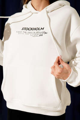 Kapüşonlu Stockholm Baskılı Sweatshirt Ekru - Thumbnail