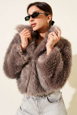 Astarlı Kruvaze Yaka Kürk Mont Vizon - Thumbnail